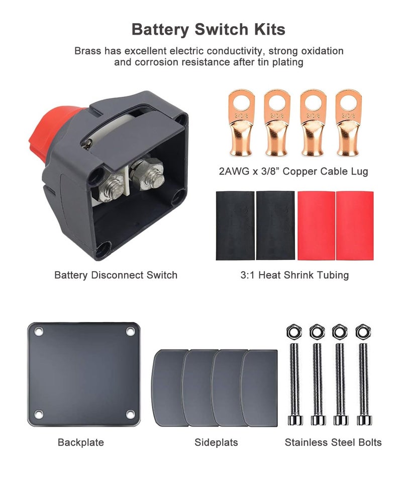 Gioyonil Battery Disconnect Switch Isolator, 12V-48V On-Off Power Cut Master Shut-Off Switch with 2 AWG x 3/8” Ring Terminals & 3:1 Heat Shrink for Marine Camper Trailer RV Boat Automotive - Image 2